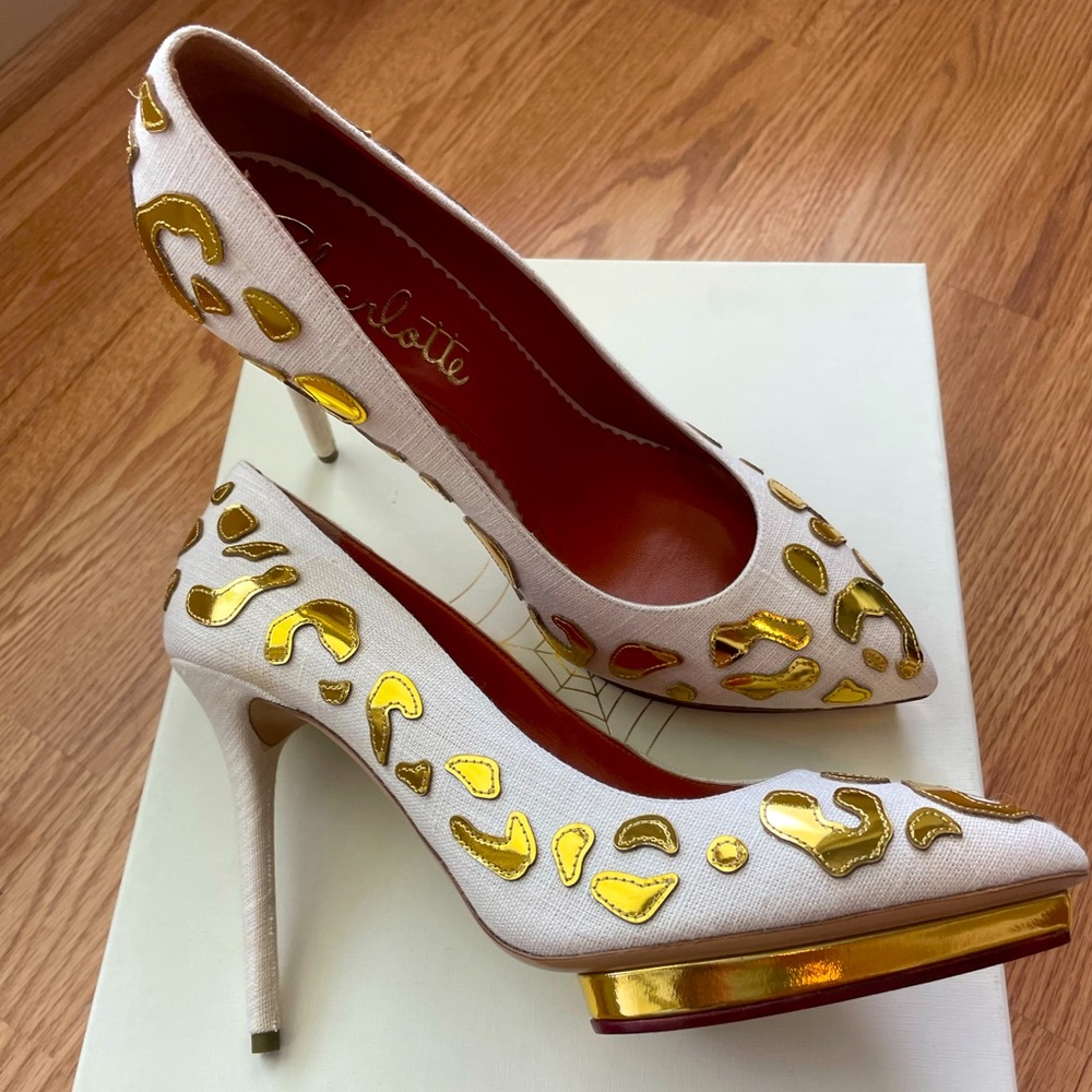 Charlotte Olympia Debbie: Linen & Gold Pumps-NWT 41